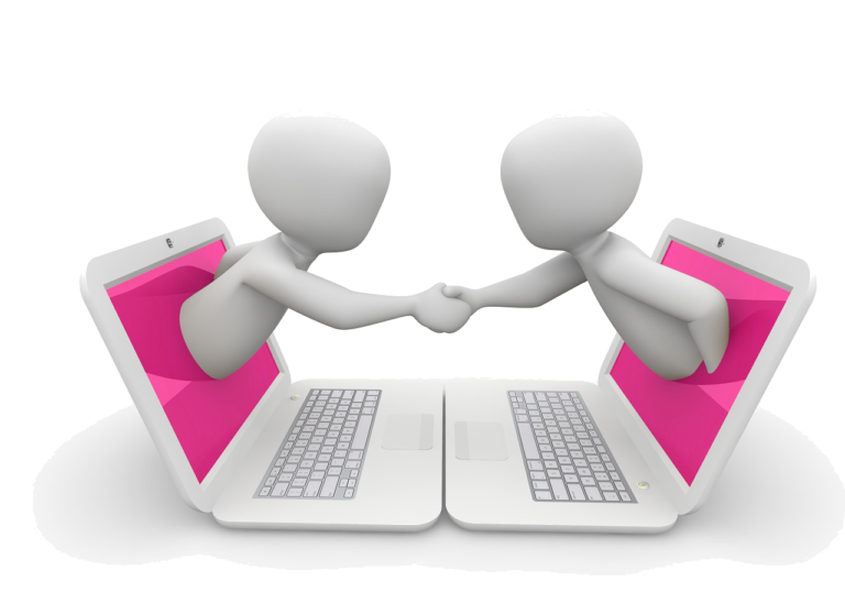 People coming out of laptops shaking hands